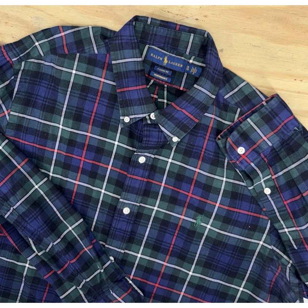 Polo Ralph Lauren Performance Navy Green Tartan Plaid Flannel XL Classic Fit